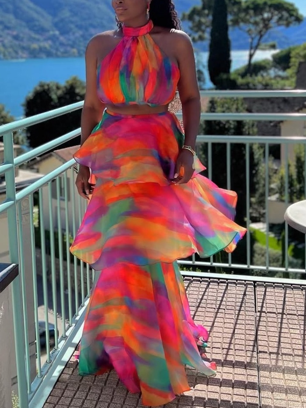Yaura Fashion Multicolor Halter Tiered Chiffon Two Piece Large